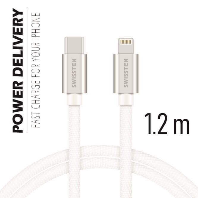 Textilný dátový kábel Swissten USB-C / LIGHTNING 1,2 M  - strieborný